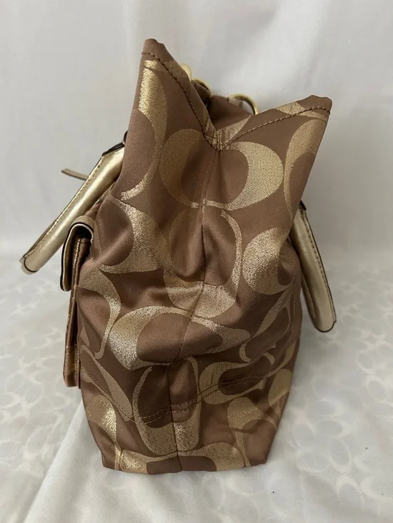 Coach Hampton Brown/Gold Signature Double Handles Travel Tote Bag Purse 🌺🌺 - Picture 3 of 14